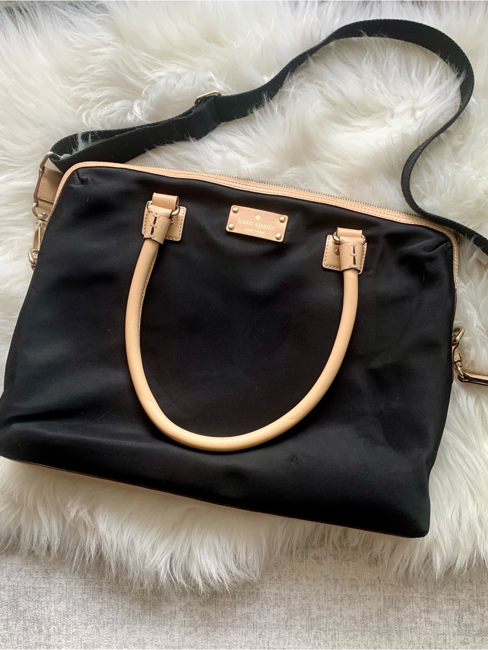 Kate Spade Large Black Nylon Laptop Bag Adjustable Strap, Multi Pocket Storage